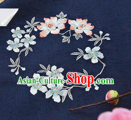 Chinese Traditional Embroidered Plum Lotus Navy Silk Applique Accessories Embroidery Patch