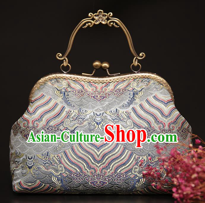 Chinese Traditional Waves Pattern Light Grey Brocade Bag Handmade Cheongsam Silk Handbag for Women