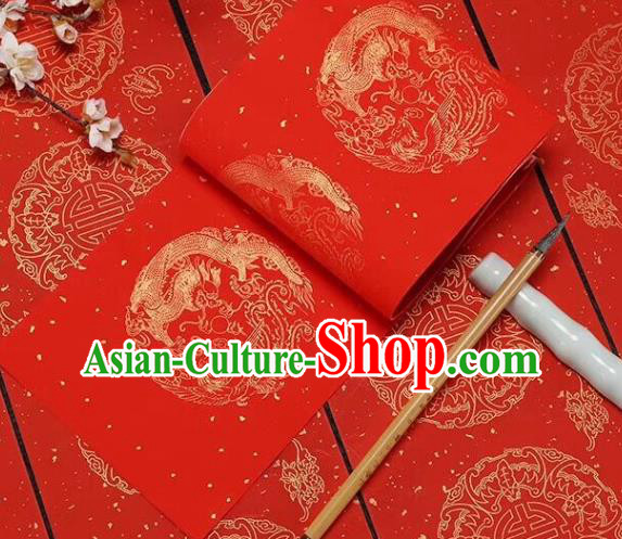 Chinese Traditional Phoenix Dragon Pattern Calligraphy Red Art Paper Handmade New Year Couplet Writing Xuan Paper