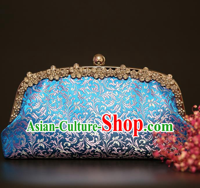 Chinese Traditional Wheat Floret Pattern Blue Brocade Bag Handmade Cheongsam Silk Handbag for Women