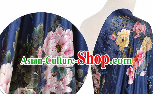 Chinese Classical Peony Pattern Design Navy Silk Fabric Asian Traditional Hanfu Mulberry Silk Material