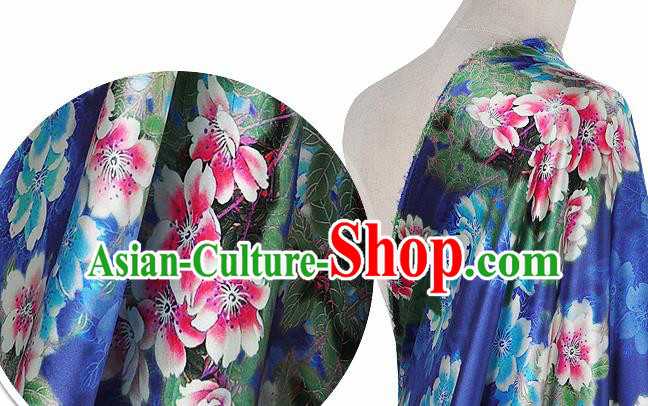 Chinese Classical Peach Blossom Pattern Design Royalblue Silk Fabric Asian Traditional Hanfu Mulberry Silk Material