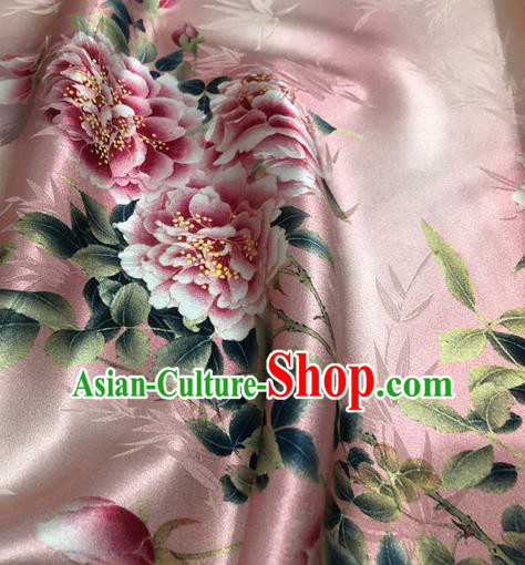 Chinese Classical Bamboo Peony Pattern Design Pink Silk Fabric Asian Traditional Hanfu Mulberry Silk Material