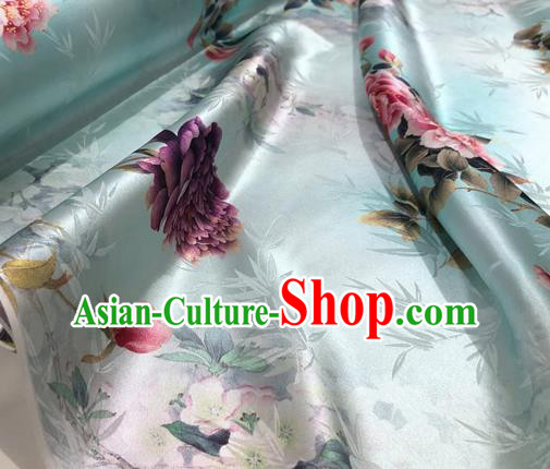Chinese Classical Bamboo Peony Pattern Design Light Green Silk Fabric Asian Traditional Hanfu Mulberry Silk Material