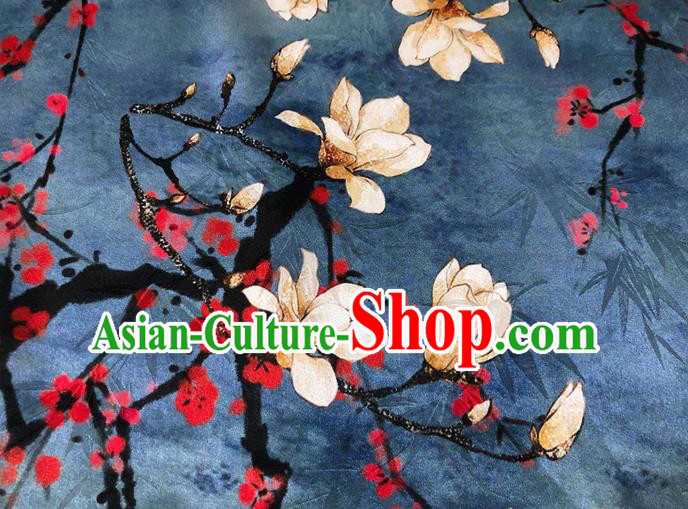 Chinese Classical Yulan Magnolia Pattern Design Navy Silk Fabric Asian Traditional Hanfu Mulberry Silk Material