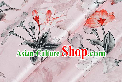 Chinese Classical Peach Blossom Pattern Design Pink Silk Fabric Asian Traditional Hanfu Mulberry Silk Material