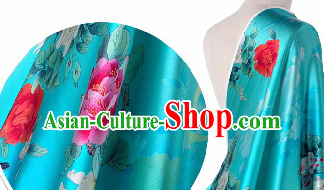 Chinese Classical Magnolia Pattern Design Blue Silk Fabric Asian Traditional Hanfu Mulberry Silk Material