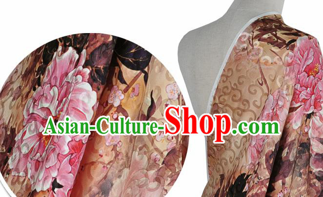 Chinese Classical Peony Pattern Design Light Brown Silk Fabric Asian Traditional Hanfu Mulberry Silk Material