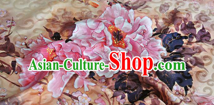 Chinese Classical Peony Pattern Design Light Brown Silk Fabric Asian Traditional Hanfu Mulberry Silk Material