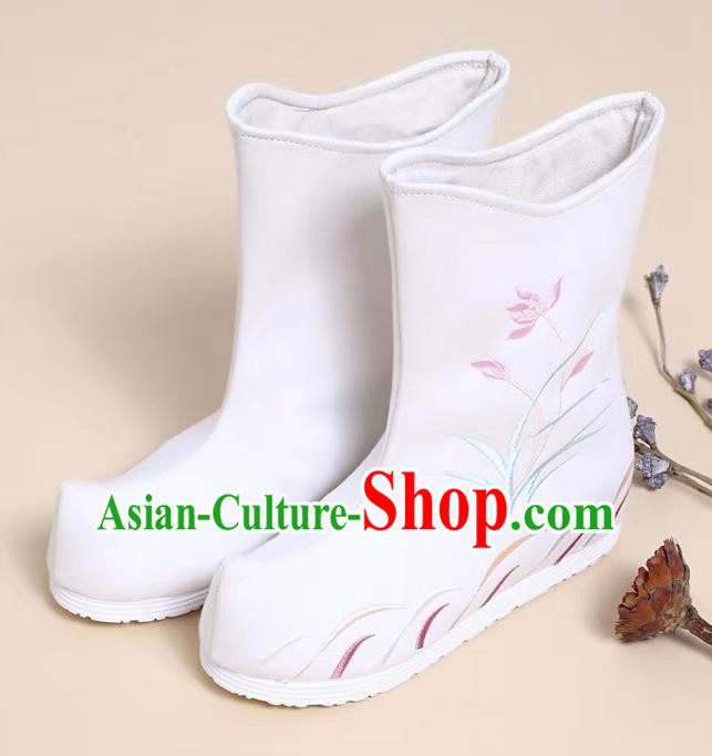 Traditional Chinese Embroidered Orchid White Boots Kung Fu Boots Opera Shoes Hanfu Shoes for Women