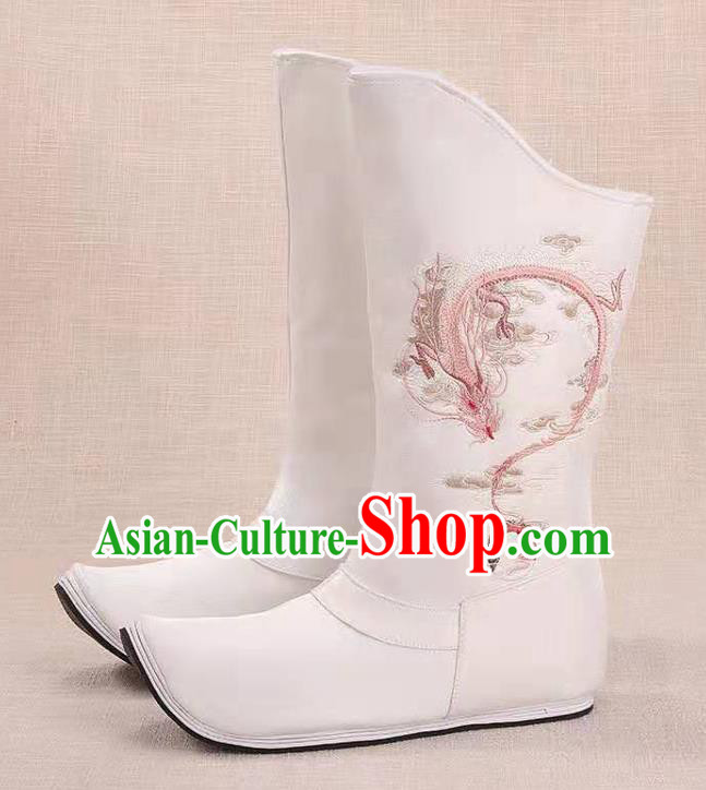 Traditional Chinese Embroidered Dragon White Boots Kung Fu Boots Opera Shoes Hanfu Shoes for Women