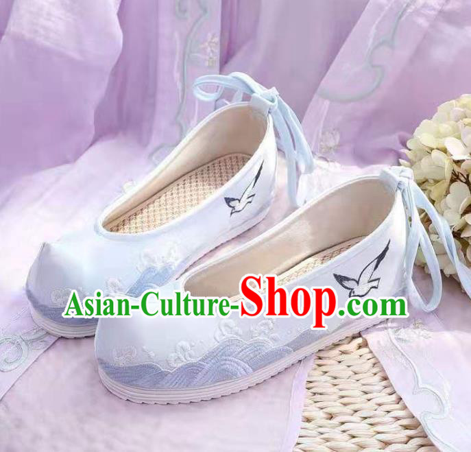 Chinese Embroidered Sea Gull Blue Shoes Hanfu Shoes Women Shoes Opera Shoes Princess Shoes