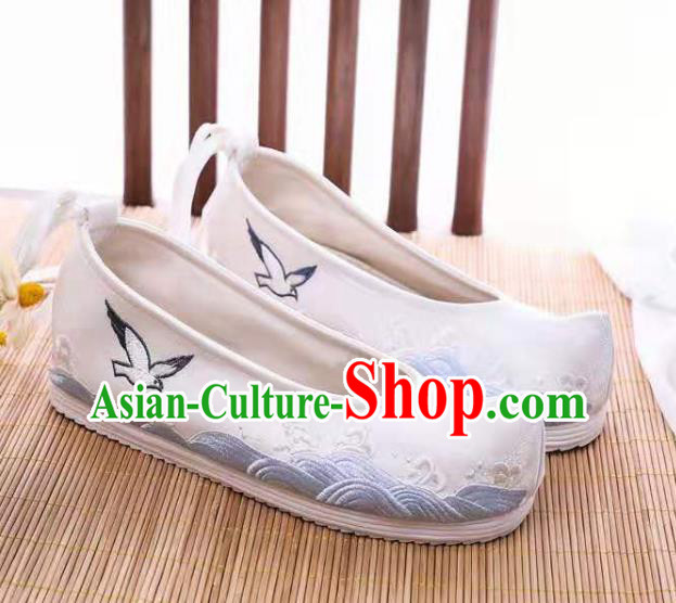 Chinese Embroidered Sea Gull White Shoes Hanfu Shoes Women Shoes Opera Shoes Princess Shoes