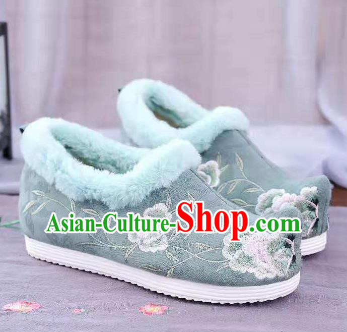 Chinese Winter Embroidered Green Shoes Hanfu Shoes Women Shoes Opera Shoes Princess Shoes