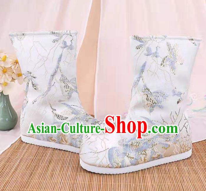 Traditional Chinese Embroidered White Boots Kung Fu Boots Opera Shoes Hanfu Shoes for Women