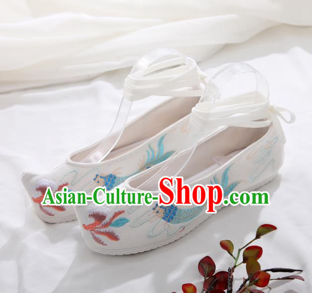 Traditional Chinese Embroidered Carp White Shoes Hanfu Shoes Women Shoes Opera Shoes Princess Shoes