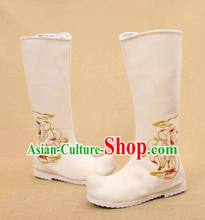 Traditional Chinese Embroidered Nine Tailed Fox White Boots Kung Fu Boots Opera Shoes Hanfu Shoes for Women