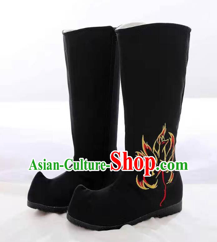 Traditional Chinese Black Embroidered Nine Tail Fox Boots Kung Fu Boots Opera Shoes Hanfu Shoes for Women