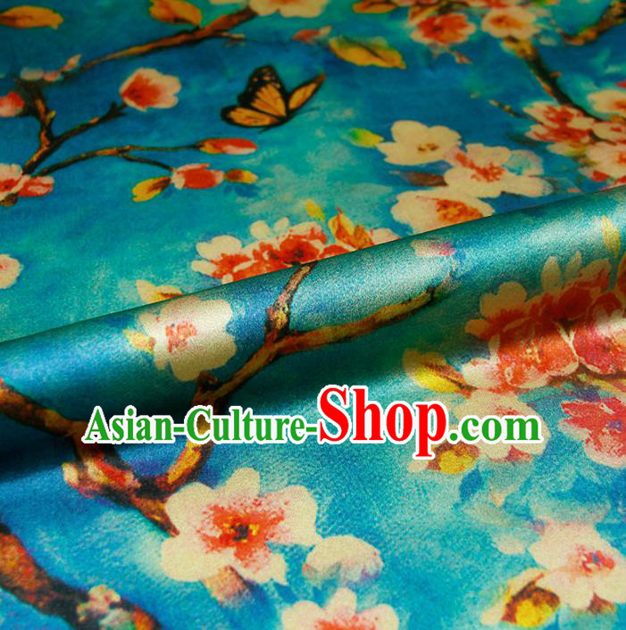 Chinese Classical Peach Flower Pattern Design Blue Silk Fabric Asian Traditional Hanfu Mulberry Silk Material