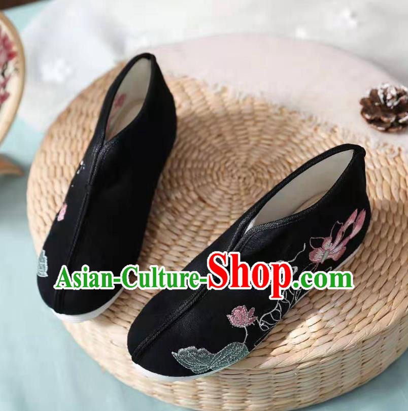 Chinese Black Embroidered Lotus Shoes Hanfu Shoes Women Shoes Opera Shoes Princess Shoes