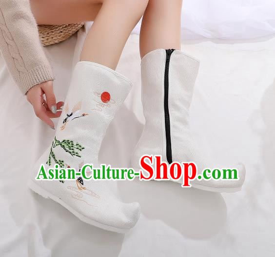 Traditional Chinese Kung Fu White Boots Opera Shoes Hanfu Shoes Embroidered Crane Boots for Women