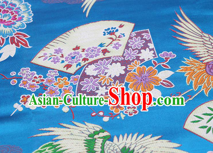 Chinese Classical Crane Plum Pattern Design Blue Brocade Fabric Asian Traditional Hanfu Satin Material