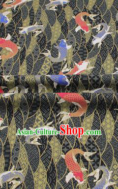 Chinese Classical Carps Pattern Design Black Brocade Fabric Asian Traditional Hanfu Satin Material