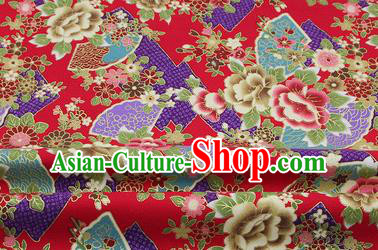 Chinese Classical Peony Fan Pattern Design Red Brocade Fabric Asian Traditional Hanfu Satin Material