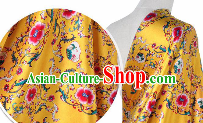 Chinese Classical Twine Flowers Pattern Design Yellow Silk Fabric Asian Traditional Hanfu Mulberry Silk Material