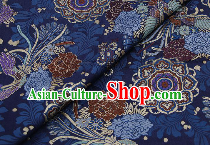 Chinese Classical Phoenix Peony Pattern Design Navy Brocade Fabric Asian Traditional Hanfu Satin Material