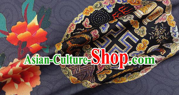 Chinese Classical Dragon Peony Pattern Design Navy Silk Fabric Asian Traditional Hanfu Mulberry Silk Material