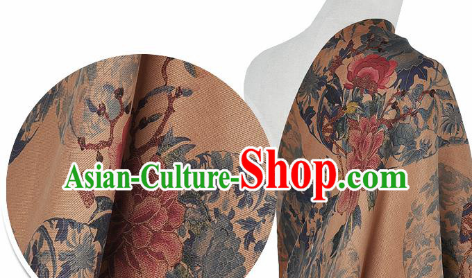 Chinese Classical Peony Pattern Design Light Brown Silk Fabric Asian Traditional Hanfu Mulberry Silk Material