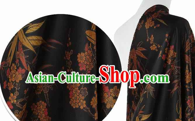 Chinese Classical Bamboo Plum Pattern Design Black Silk Fabric Asian Traditional Hanfu Mulberry Silk Material