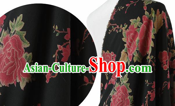 Chinese Classical Peony Magnolia Pattern Design Black Silk Fabric Asian Traditional Hanfu Mulberry Silk Material