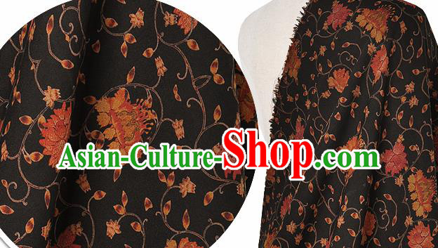 Chinese Classical Twine Lotus Pattern Design Black Silk Fabric Asian Traditional Hanfu Mulberry Silk Material