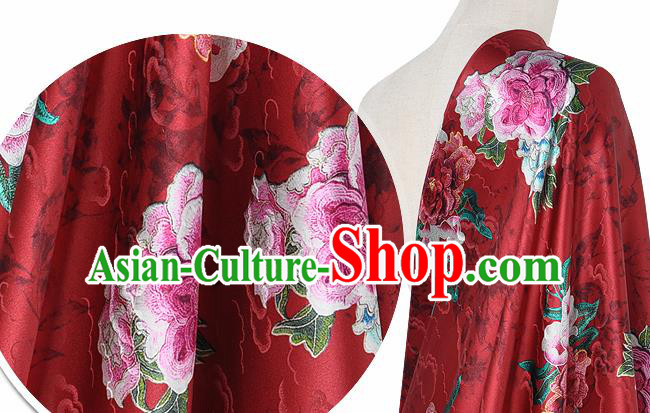 Chinese Classical Cloud Peony Pattern Design Red Silk Fabric Asian Traditional Hanfu Mulberry Silk Material