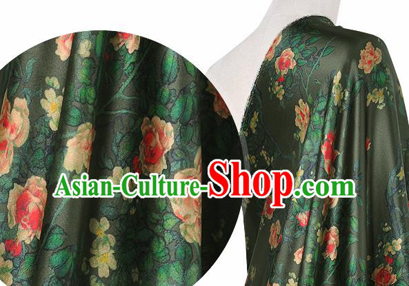 Chinese Classical Roses Pattern Design Atrovirens Silk Fabric Asian Traditional Hanfu Mulberry Silk Material