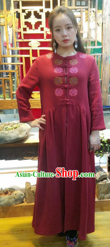 Traditional Chinese Embroidered Red Flax Dust Coat Handmade National Overcoat Costume for Women
