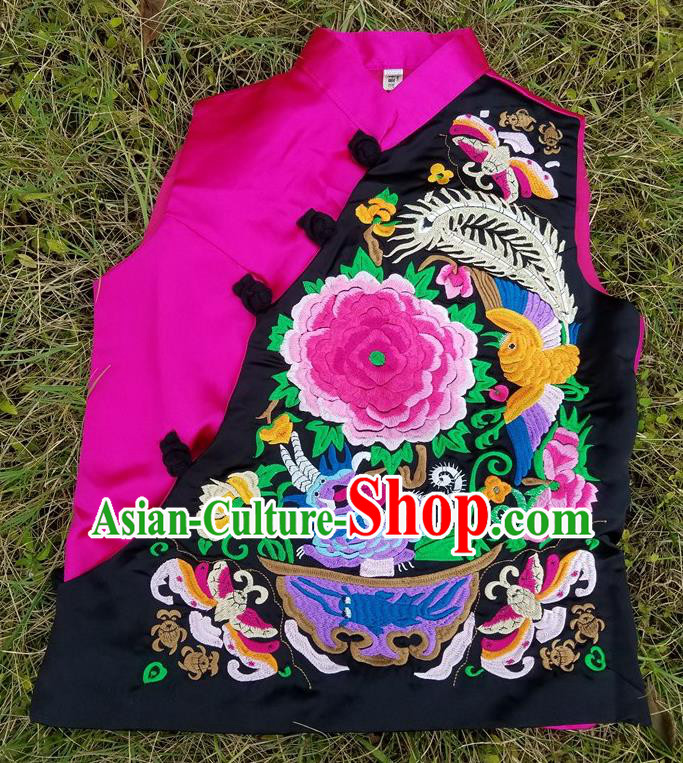 Traditional Chinese Embroidered Peony Rosy Vest Handmade National Upper Outer Garment Costume for Women