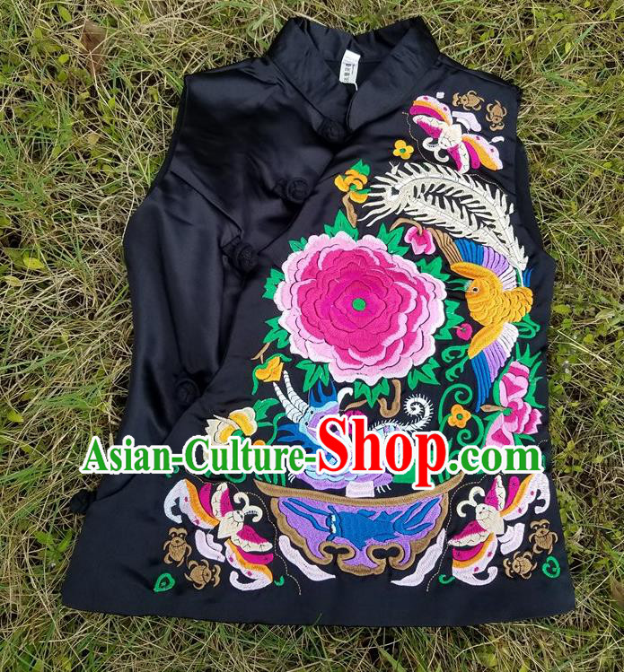 Traditional Chinese Embroidered Peony Black Vest Handmade National Upper Outer Garment Costume for Women