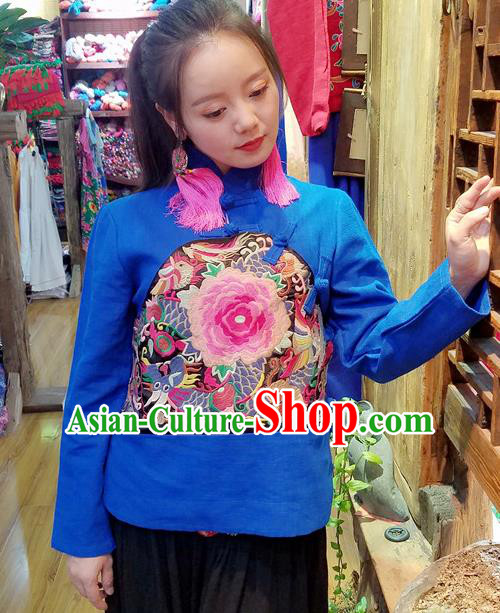 Traditional Chinese Embroidered Peony Blue Shirt National Cheongsam Blouse Costume for Women