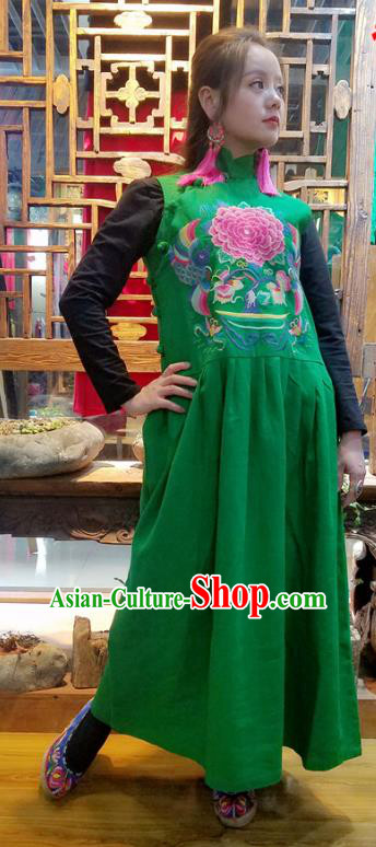 Traditional Chinese Embroidered Peony Green Sleeveless Dress National Cheongsam Costume for Women