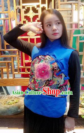 Traditional Chinese Blue Flax Vest National Embroidered Peony Waistcoat Costume for Women