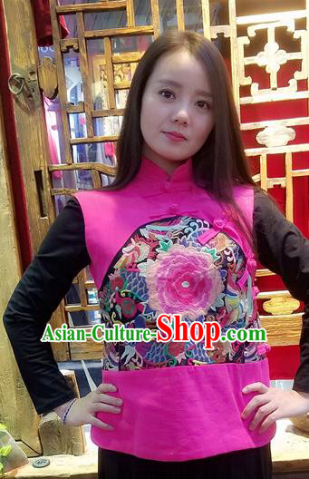 Traditional Chinese Rosy Flax Vest National Embroidered Peony Waistcoat Costume for Women