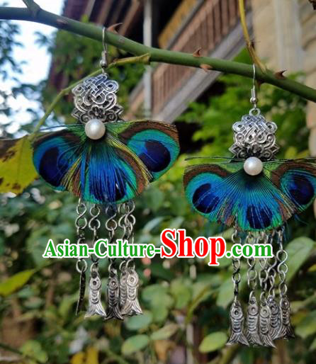 Traditional Chinese Handmade Peacock Feather Earrings National Ear Accessories for Women