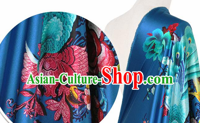 Chinese Classical Peacock Peony Pattern Design Royalblue Silk Fabric Asian Traditional Hanfu Mulberry Silk Material