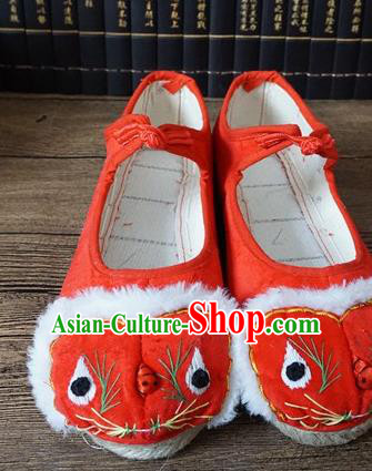 Traditional Chinese Ethnic Embroidered Tiger Red Slippers Handmade National Shoes Hanfu Shoes for Women