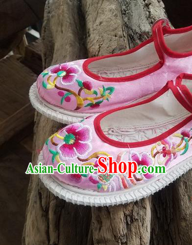 Traditional Chinese Ethnic Embroidered Flower Pink Satin Shoes National Shoes Hanfu Shoes for Women