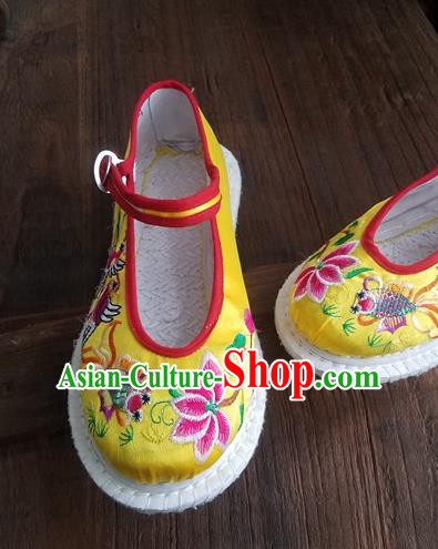 Traditional Chinese Ethnic Embroidered Flower Yellow Satin Shoes National Shoes Hanfu Shoes for Women