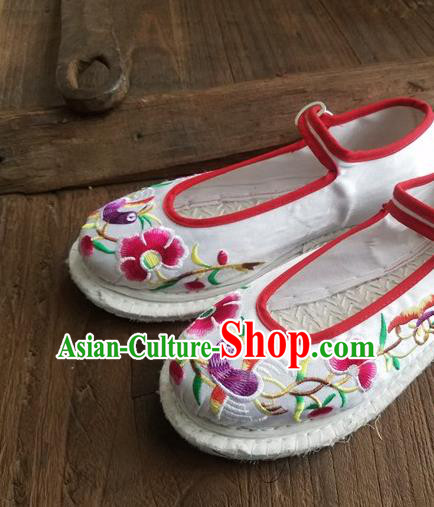 Traditional Chinese Ethnic Embroidered Flower White Satin Shoes National Shoes Hanfu Shoes for Women